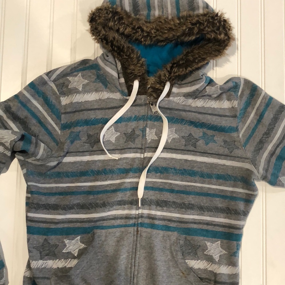 Girls faux fur trimmed hood zip up sweater